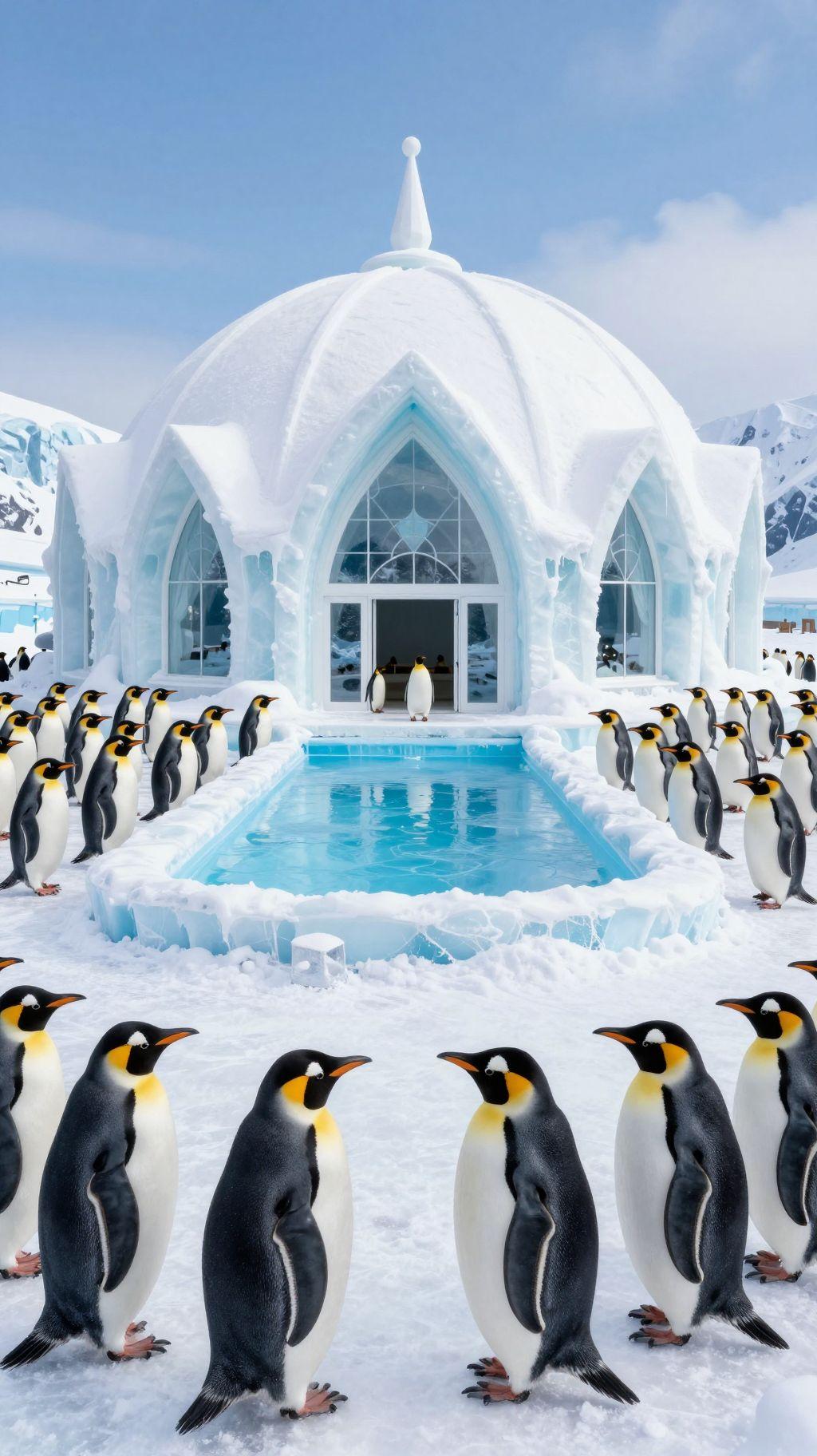 penguin paradise city with luxury ice hotel and frozen pool for penguins