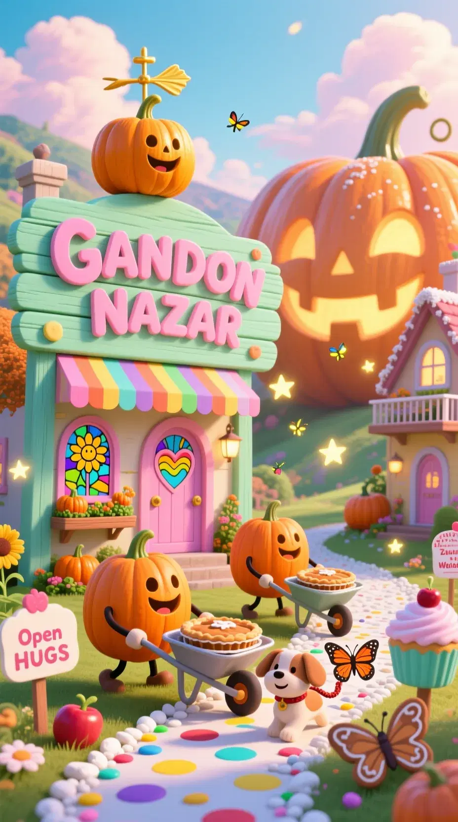 "GANDON NAZAR – The Pastel Pumpkin Paradise" A sun-drenched valley of gigantic, candy-colored pumpkins sparkles under a cotton-candy sky, their smooth pastel shells carved into cozy homes with: Rainbow-striped awnings over heart-shaped doorways Stained glass windows depicting smiling sunflowers Tiny balconies with mini pumpkin gardens Foreground Focus: A giant welcome sign in mint-green wood, with "GANDON NAZAR" in bubbly pink letters, topped with a golden pumpkin weathervane Cheerful pumpkin-people (plump bodies, tiny stick arms) pushing wheelbarrows of fresh-baked pies A polka-dot pathway made of crushed white pebbles and rainbow sprinkles Atmosphere &amp; Lighting: Glowing fireflies (shaped like tiny stars) float between houses Soft golden sunlight makes everything look lightly dusted with powdered sugar A gentle breeze carries the scent of cinnamon and caramel apples Adorable Touches: A pumpkin puppy (with a licorice leash) chasing a gingerbread butterfly "Open House" signs with cupcake-shaped posts ("All Zucchinis Welcome!") The shadow of the sign spells "HUGS" at noon Art Style: Studio Ghibli meets Lisa Frank—whimsical, sugary, and bursting with joy