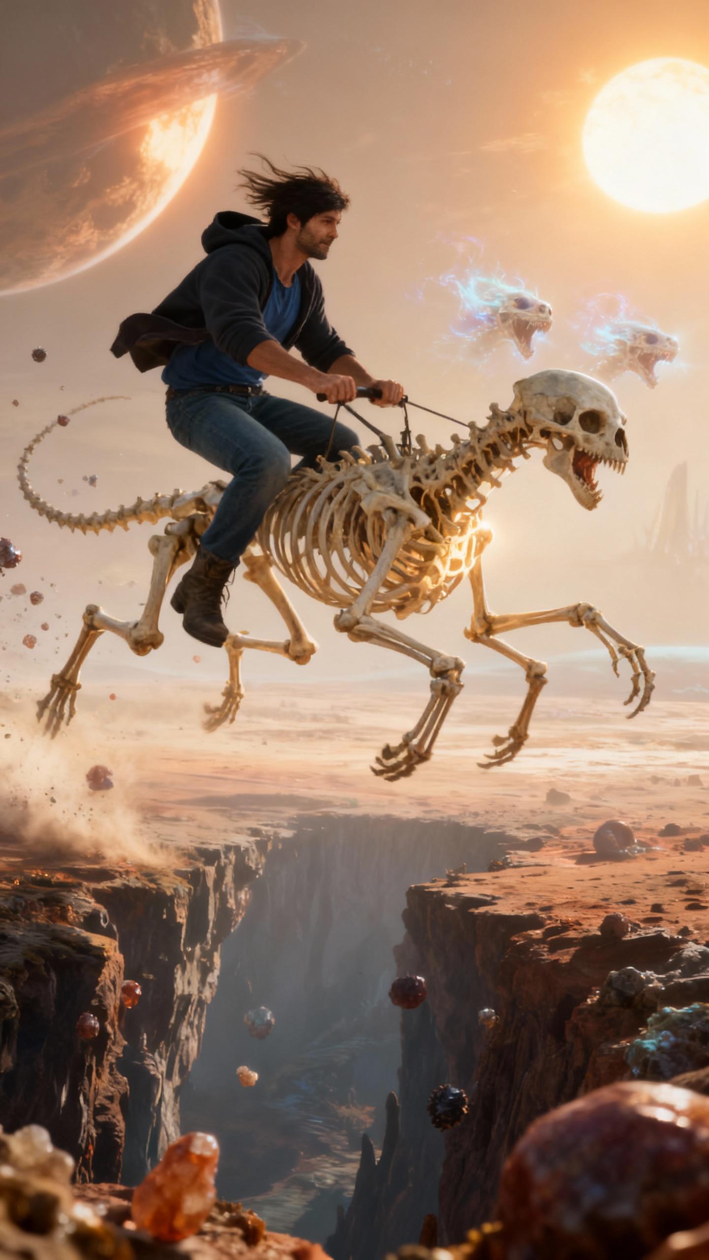 action shot of a man expertly steering a six-limbed skeletal creature mid-leap over a chasm on an alien world, fractal bone structure catching the light of twin suns, three heads roaring with ethereal energy, jeans and boots visible, hair flowing backward from motion, adrenaline-filled moment, suspended in air with floating mineral particles, dynamic angle, epic fantasy, photorealistic
