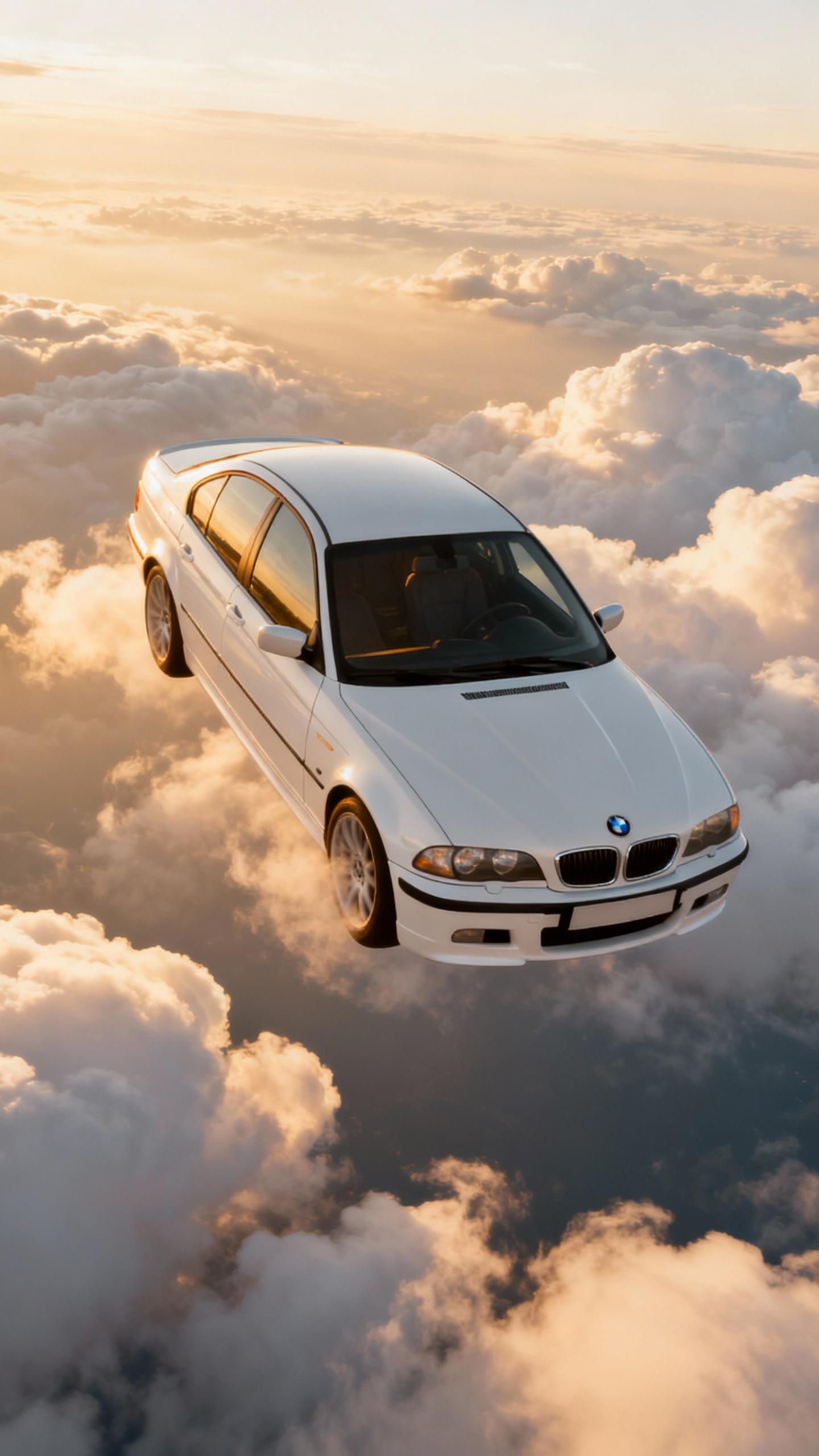 white bmw e46 floating high in the sky